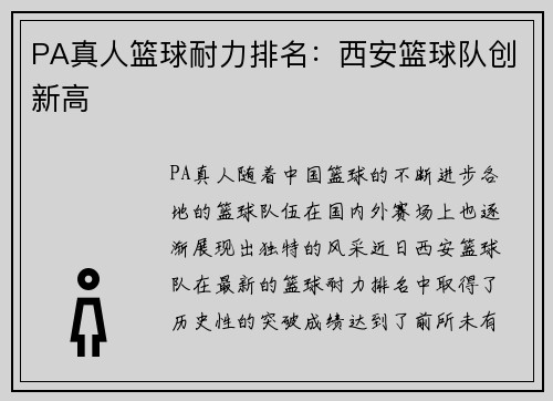 PA真人篮球耐力排名：西安篮球队创新高