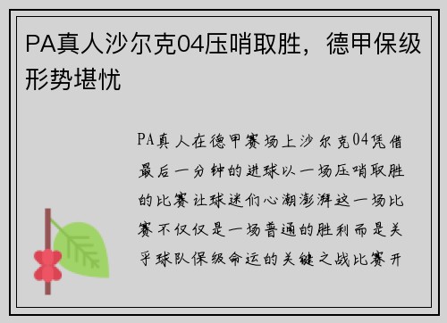 PA真人沙尔克04压哨取胜，德甲保级形势堪忧