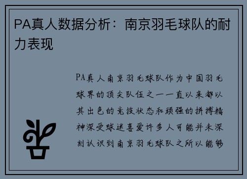 PA真人数据分析：南京羽毛球队的耐力表现